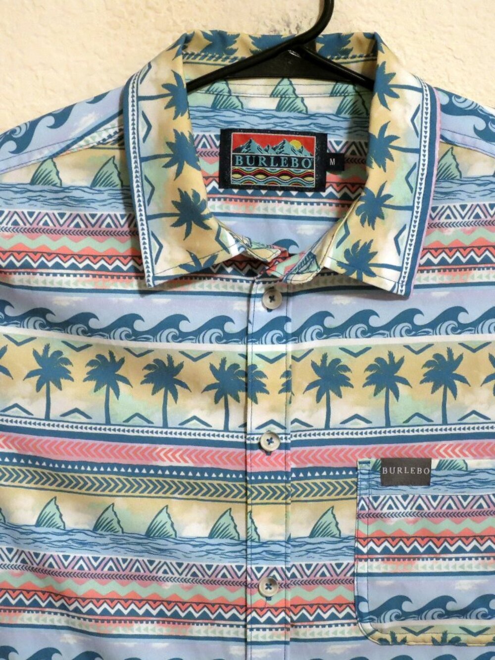 Burlebo Shirt Mens Medium Short Sleeve Button Outdoors Blue Yellow Beach